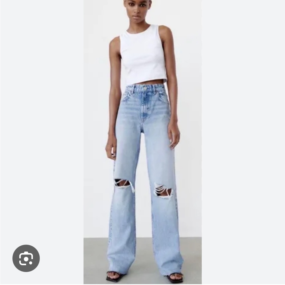 ZARA High Rise‎ Wide Leg Distressed Denim Jeans size 2 - Picture 6 of 13